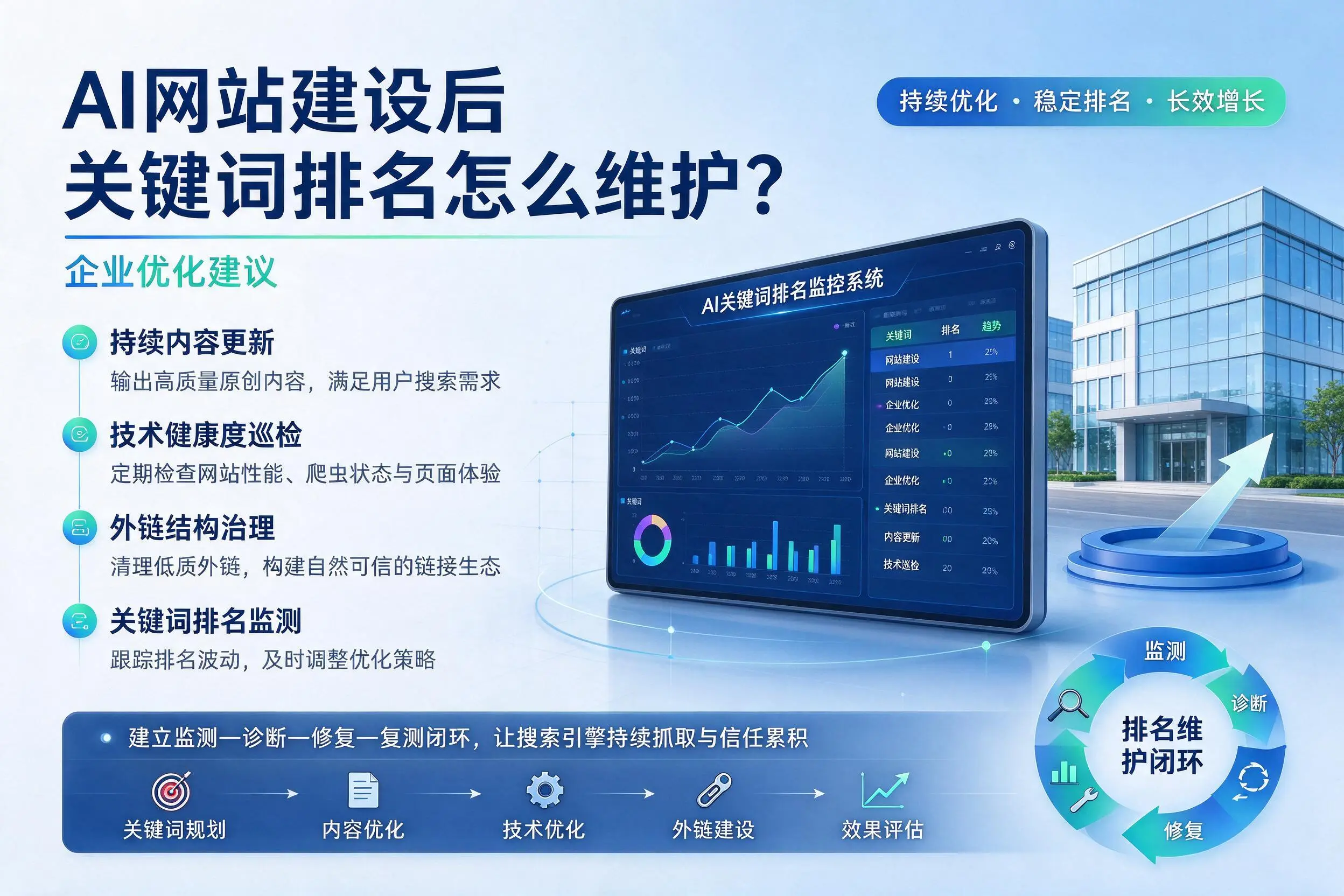 AI网站建设后关键词排名怎么维护?乌海企业优化建议